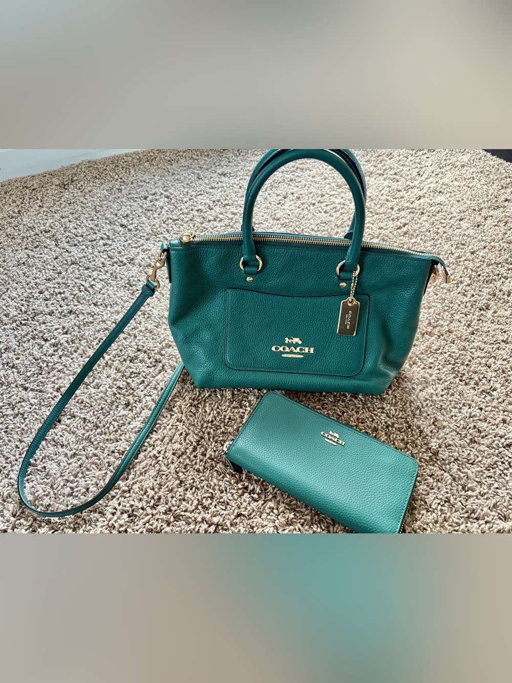 Coach Mini Emma Satchel Purse Handbag / Slim Wallet Set In Rare Jade Green Color